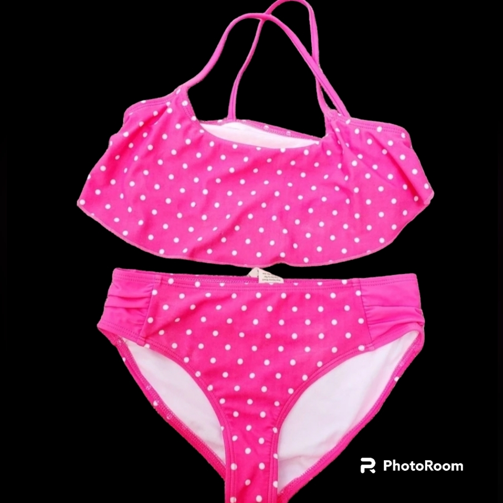 Girls 2 peice swimsuit size 12 pink with polka dots